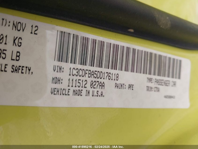 2013 Dodge Dart Rallye VIN: 1C3CDFBA5DD176118 Lot: 41595216