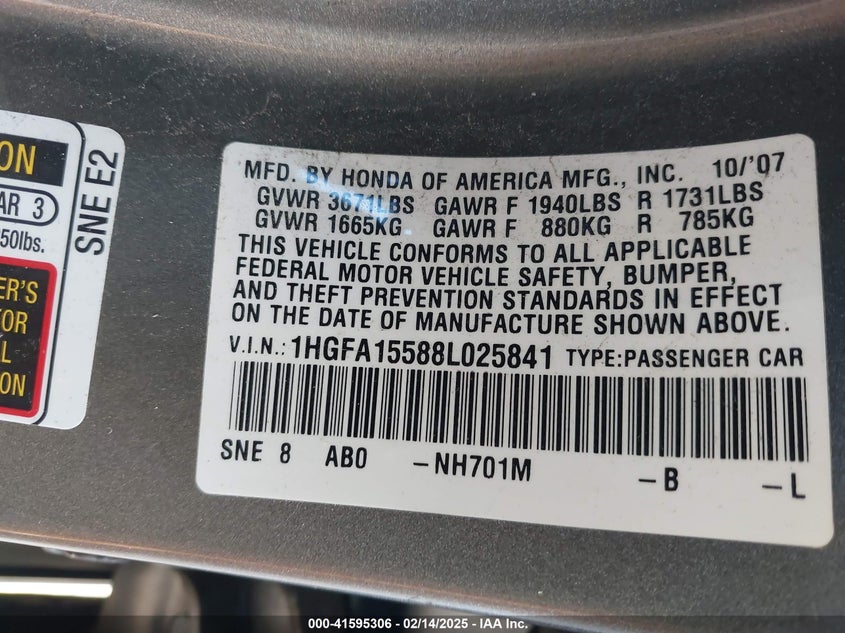 2008 HONDA CIVIC VIN: 1HGFA15588L025841