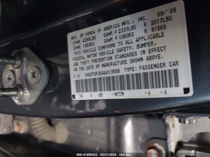 2010 Honda Accord 2.4 Lx VIN: 1HGCP2F30AA013558 Lot: 41595422