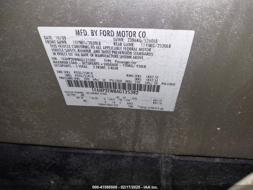 2010 FORD TAURUS VIN: 1FAHP2EW8AG125382
