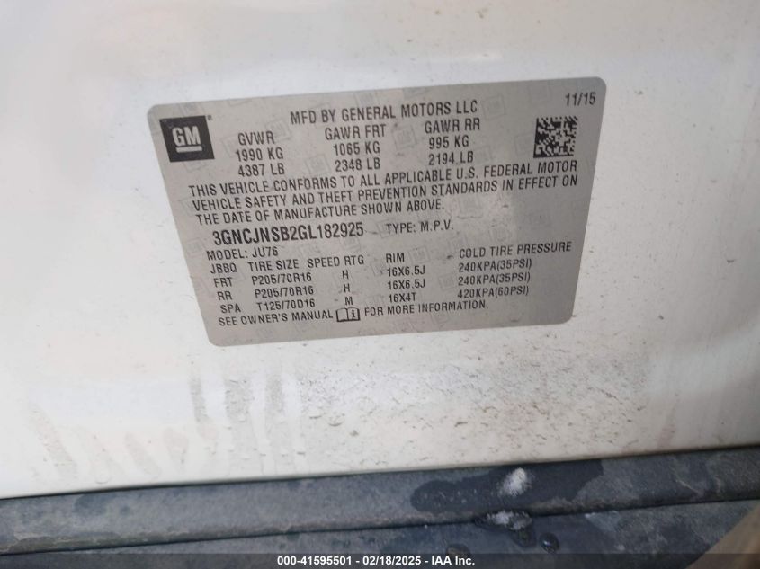2016 Chevrolet Trax 1Ls VIN: 3GNCJNSB2GL182925 Lot: 41595501