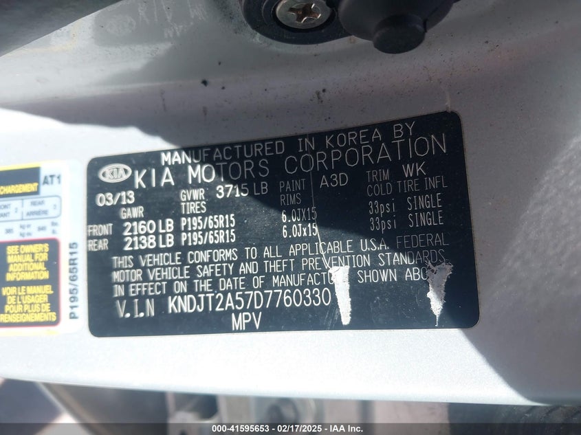 2013 KIA SOUL VIN: KNDJT2A57D7760330