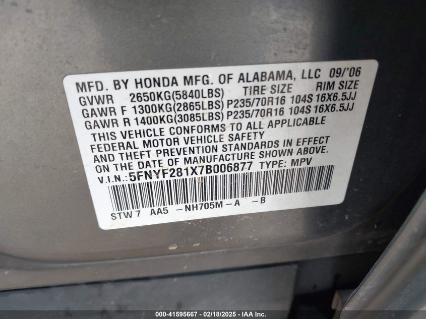 2007 Honda Pilot Lx VIN: 5FNYF281X7B006877 Lot: 41595667