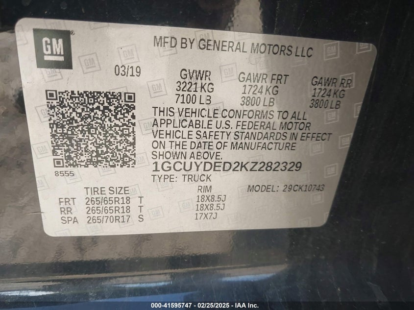 2019 CHEVROLET SILVERADO 1500 VIN: 1GCUYDED2KZ282329