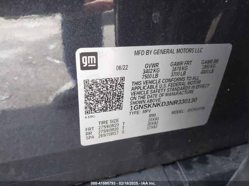 2022 Chevrolet Tahoe 4Wd Lt VIN: 1GNSKNKD3NR330130 Lot: 41595793