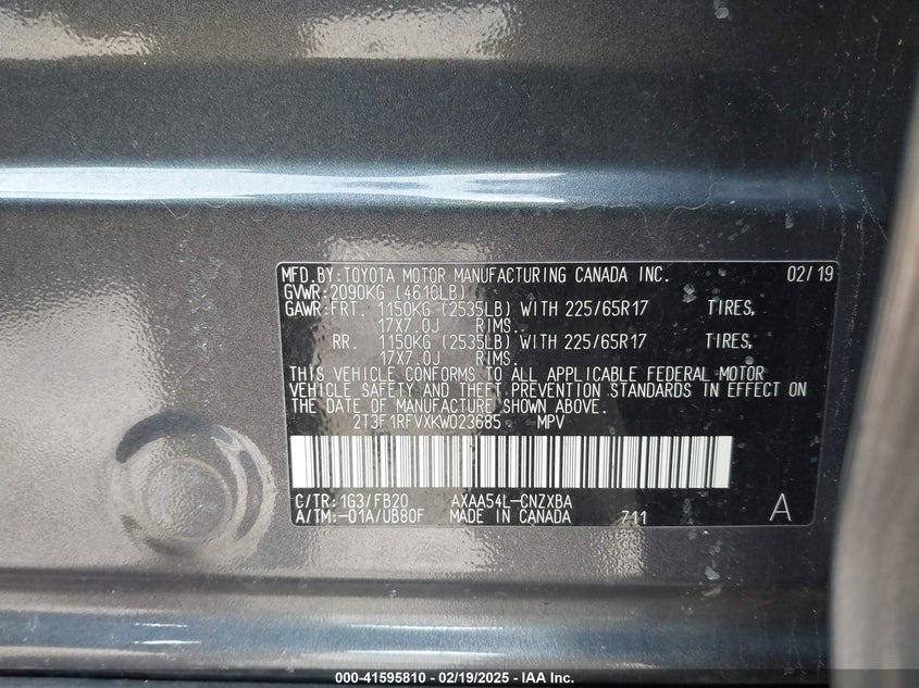 2019 TOYOTA RAV4 LE - 2T3F1RFVXKW023685