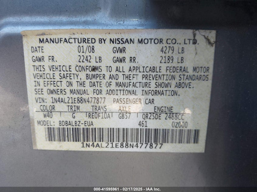 2008 NISSAN ALTIMA VIN: 1N4AL21E88N477877