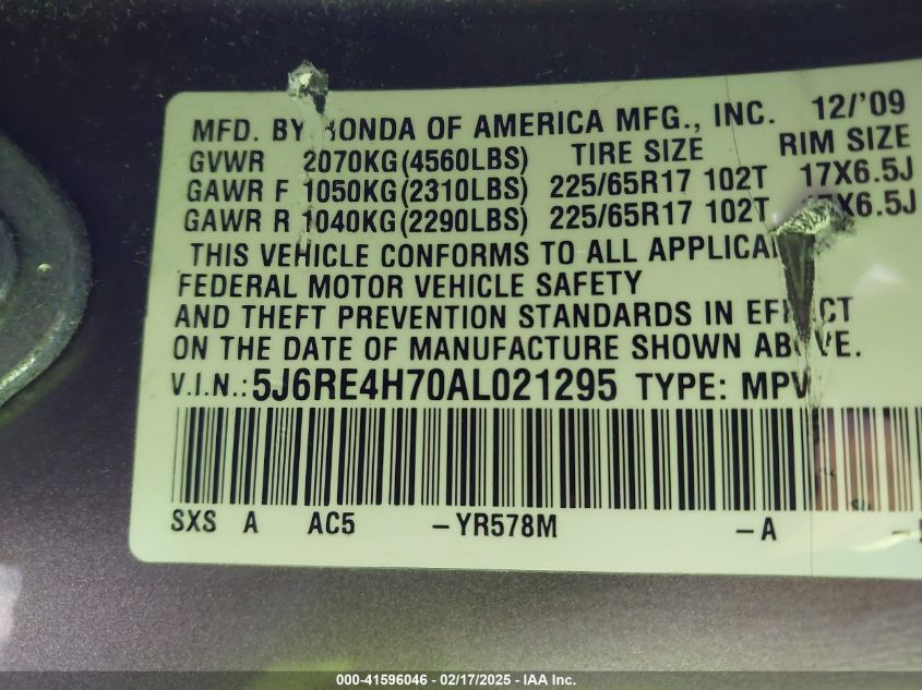 2010 Honda Cr-V Ex-L VIN: 5J6RE4H70AL021295 Lot: 41596046