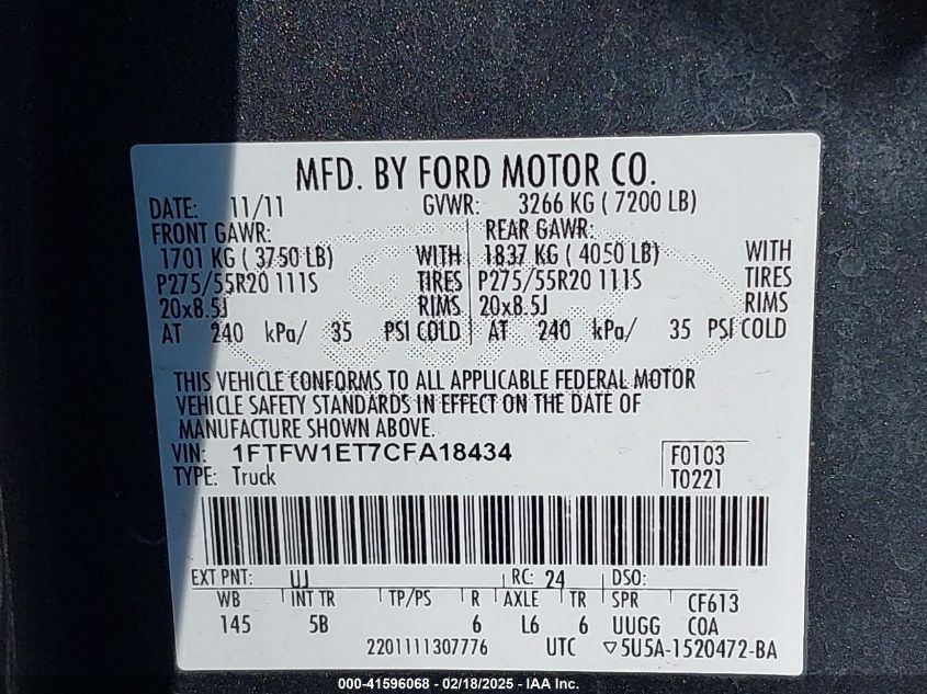 2012 Ford F-150 Fx4 VIN: 1FTFW1ET7CFA18434 Lot: 41596068