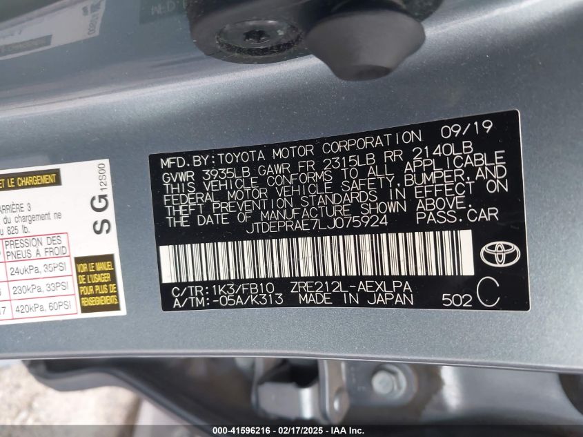 2020 Toyota Corolla Le VIN: JTDEPRAE7LJ075924 Lot: 41596216