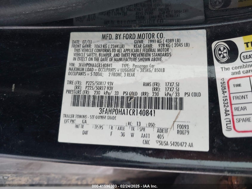 2012 FORD FUSION VIN: 3FAHP0HA1CR140841