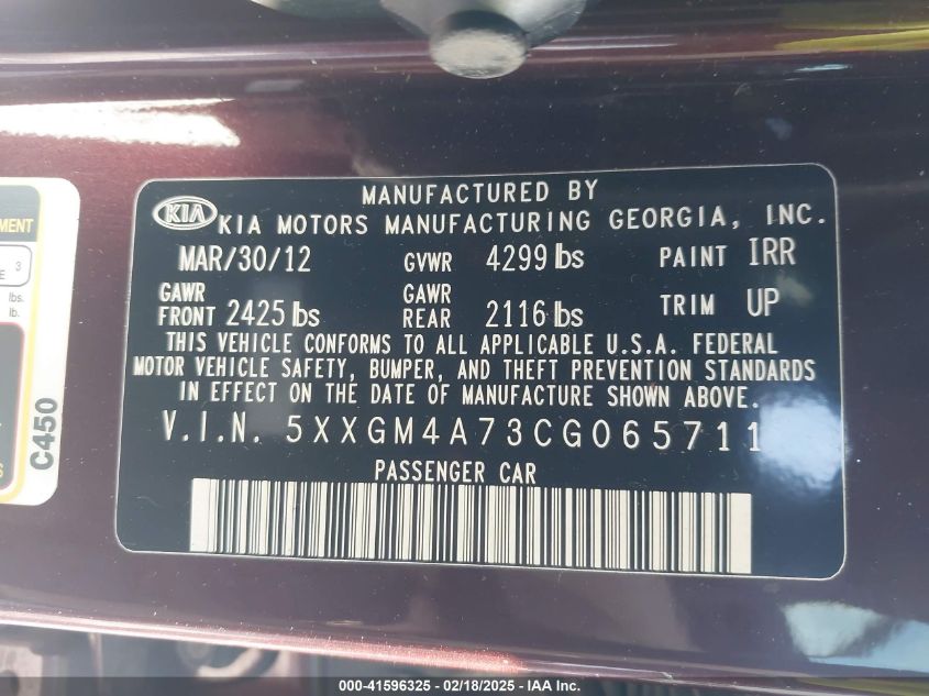 2012 Kia Optima Lx VIN: 5XXGM4A73CG065711 Lot: 41596325