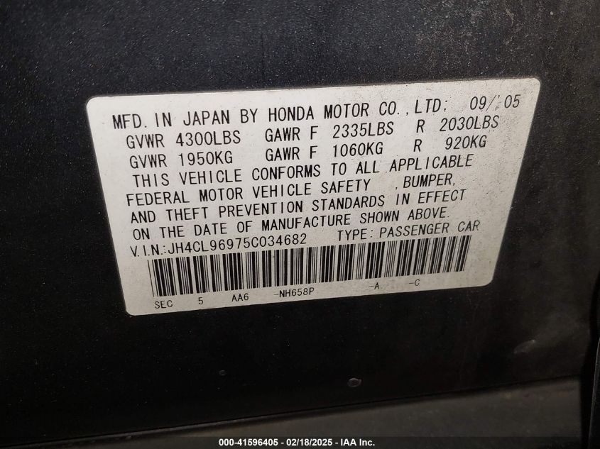 2005 Acura Tsx VIN: JH4TL96975C034682 Lot: 41596405