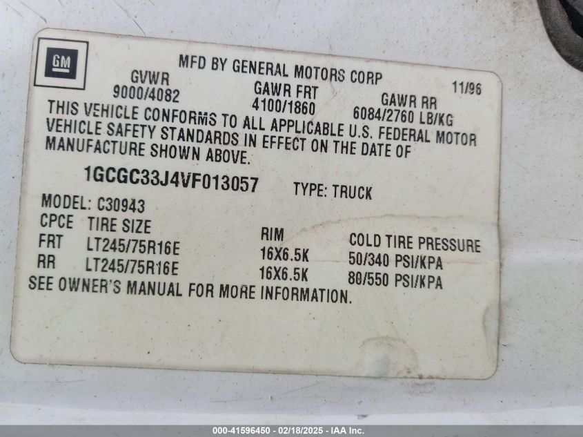 1997 Chevrolet C3500 Hd Fleetside VIN: 1GCGC33J4VF013057 Lot: 41596450