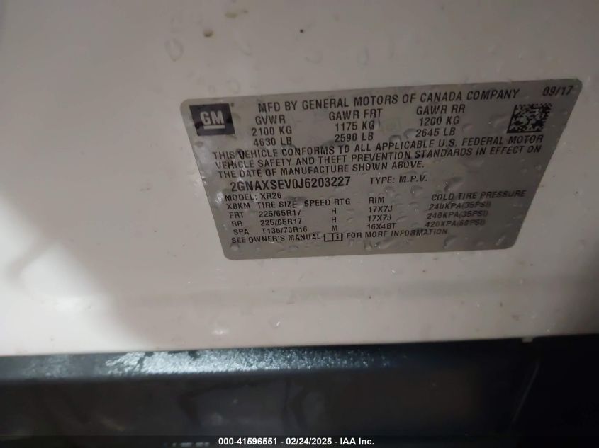 2018 Chevrolet Equinox Lt VIN: 2GNAXSEV0J6203227 Lot: 41596551