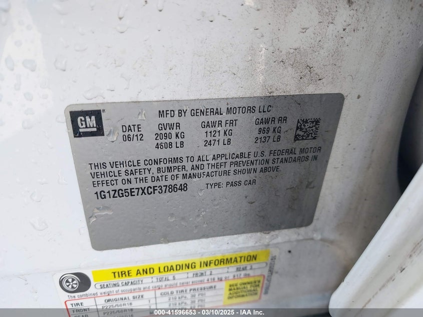 2012 CHEVROLET MALIBU VIN: 1G1ZG5E7XCF378648