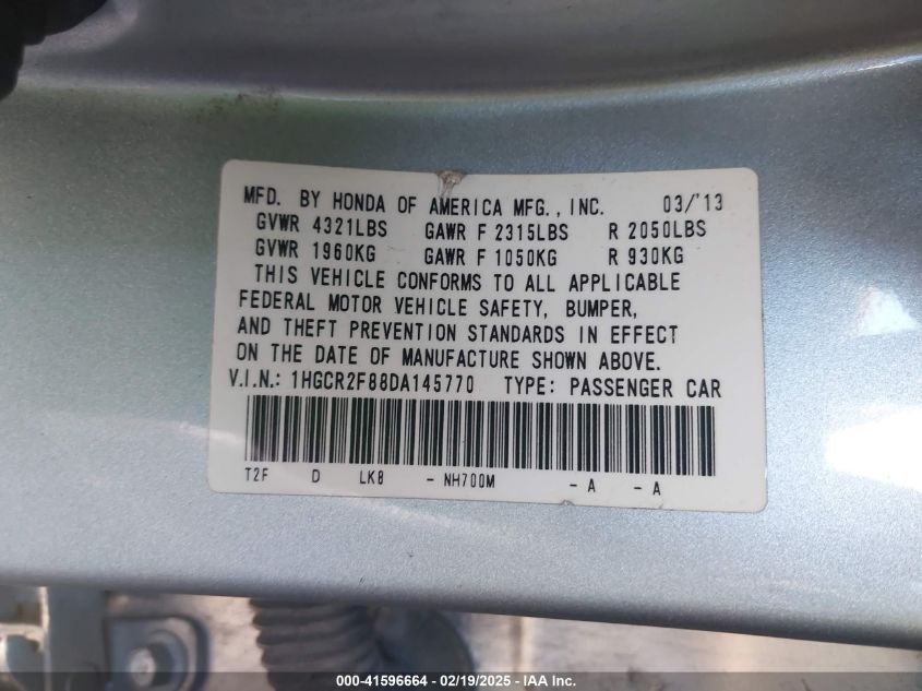 2013 Honda Accord Ex-L VIN: 1HGCR2F88DA145770 Lot: 41596664