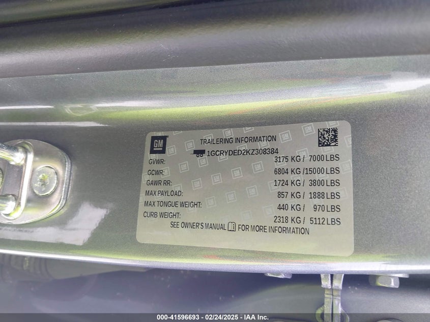 2019 CHEVROLET SILVERADO 1500 VIN: 1GCRYDED2KZ308384