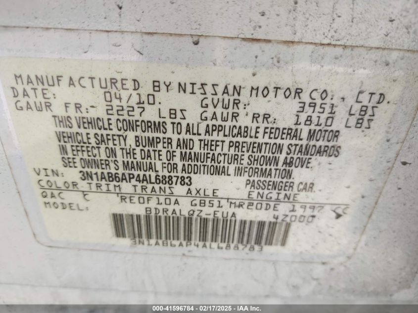 2010 Nissan Sentra 2.0 VIN: 3N1AB6AP4AL688783 Lot: 41596784