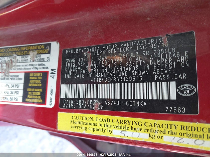 2011 TOYOTA CAMRY VIN: 4T4BF3EK8BR139616