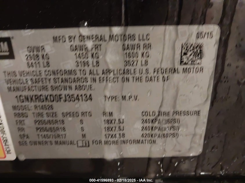 2015 Chevrolet Traverse 1Lt VIN: 1GNKRGKD0FJ354134 Lot: 41596893