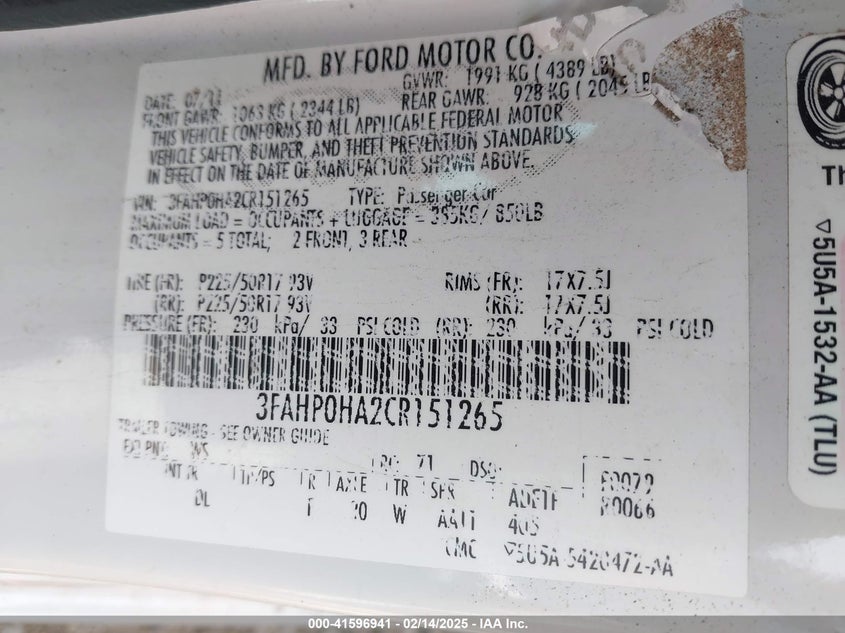2012 FORD FUSION VIN: 3FAHP0HA2CR151265
