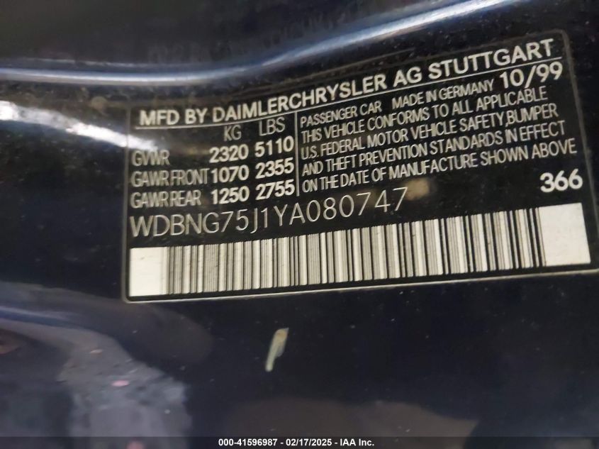 2000 Mercedes-Benz S 500 VIN: WDBNG75J1YA080747 Lot: 41596987