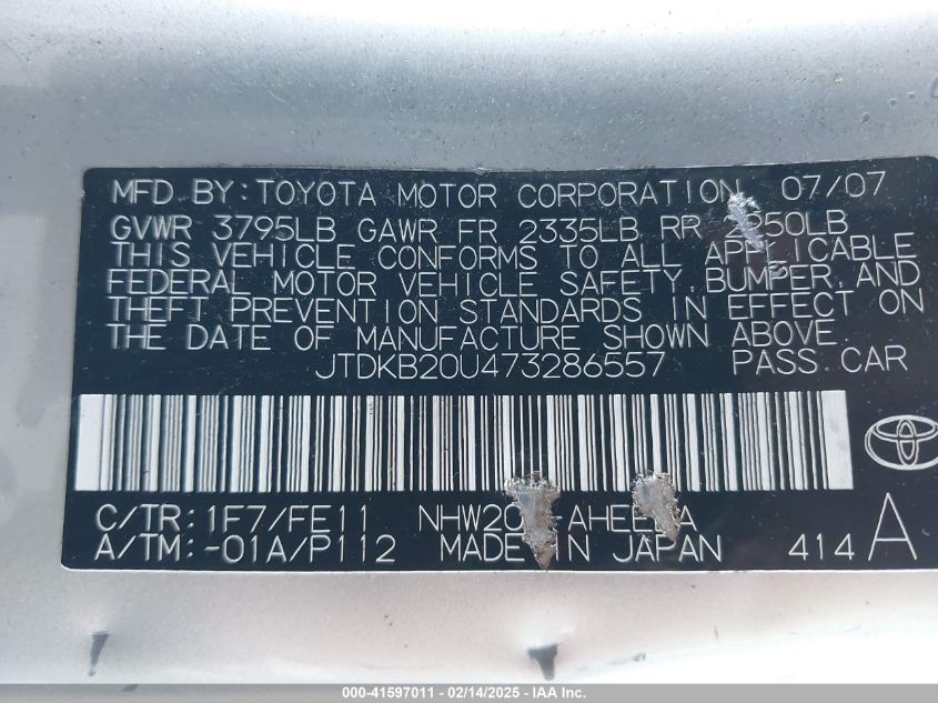 2007 Toyota Prius VIN: JTDKB20U473286557 Lot: 41597011