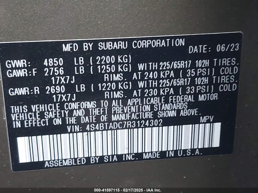 2024 Subaru Outback Premium VIN: 4S4BTADC7R3124302 Lot: 41597115