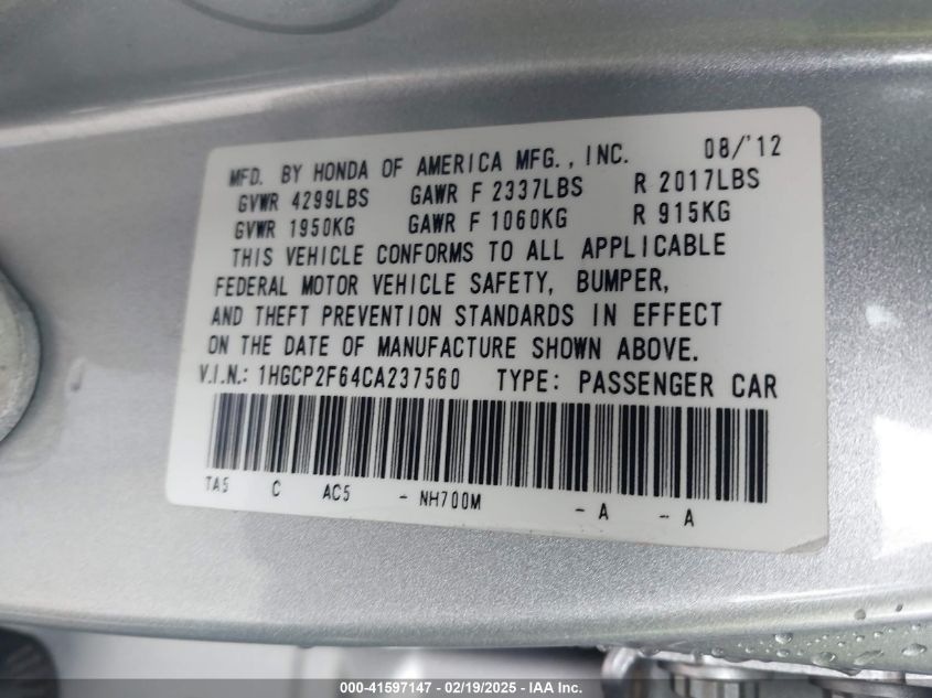 2012 Honda Accord 2.4 Se VIN: 1HGCP2F64CA237560 Lot: 41597147