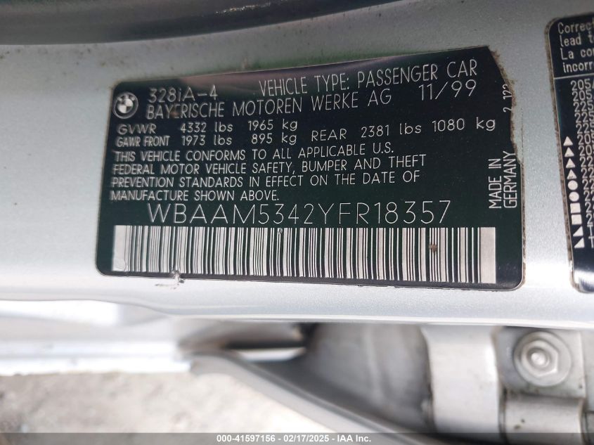 2000 BMW 328I VIN: WBAAM5342YFR18357 Lot: 41597156