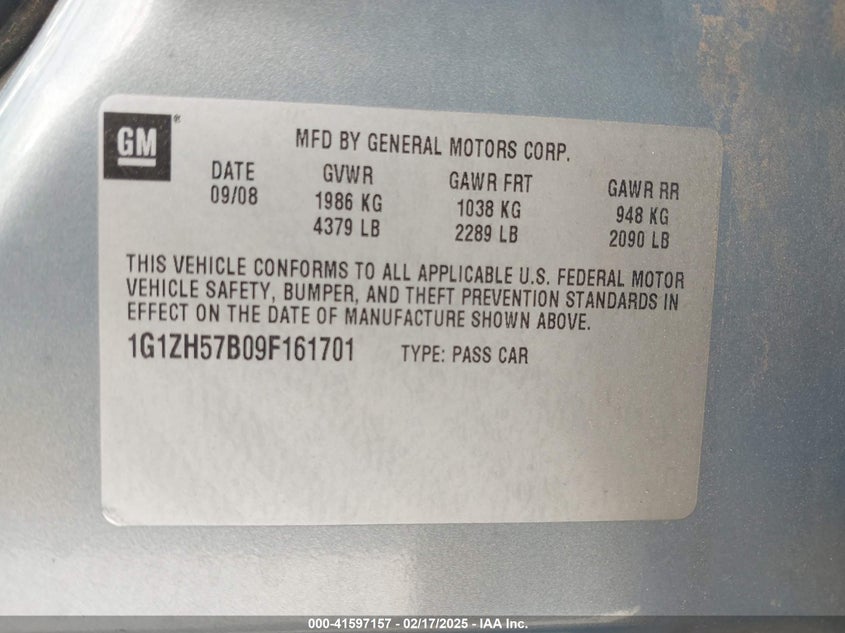 2009 CHEVROLET MALIBU VIN: 1G1ZH57B09F161701