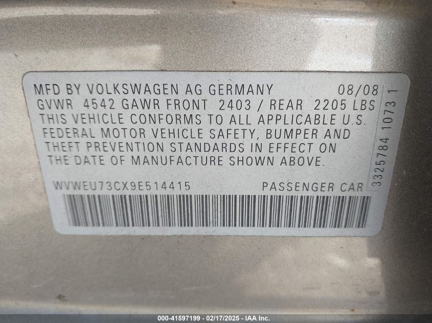 2009 Volkswagen Cc Vr6 Sport VIN: WVWEU73CX9E514415 Lot: 41597199