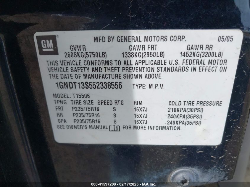 2005 Chevrolet Trailblazer Ls VIN: 1GNDT13S552338556 Lot: 41597208