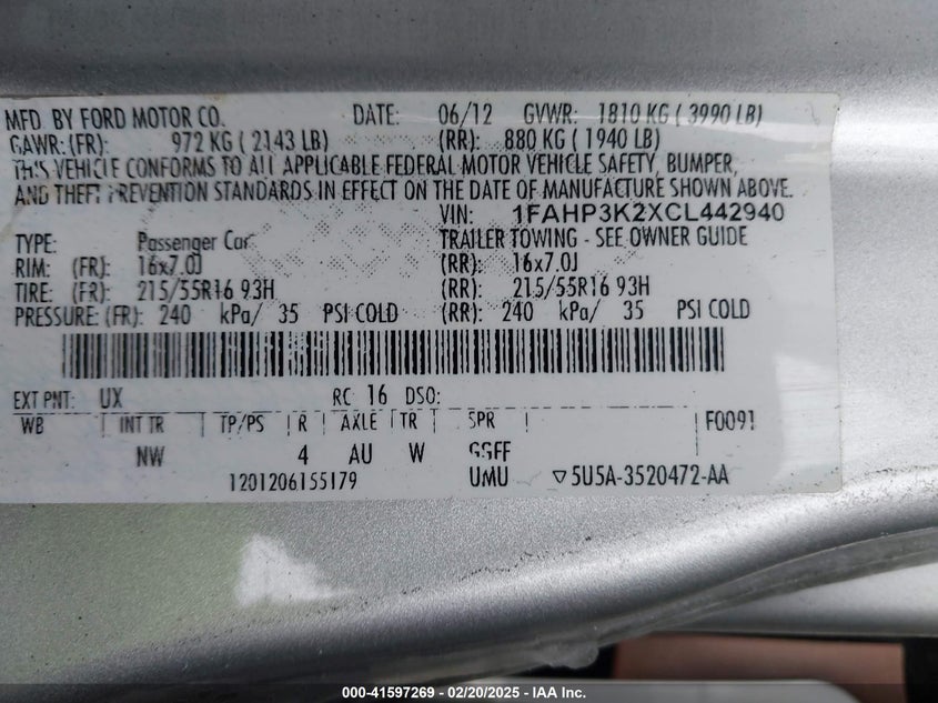2012 FORD FOCUS VIN: 1FAHP3K2XCL442940