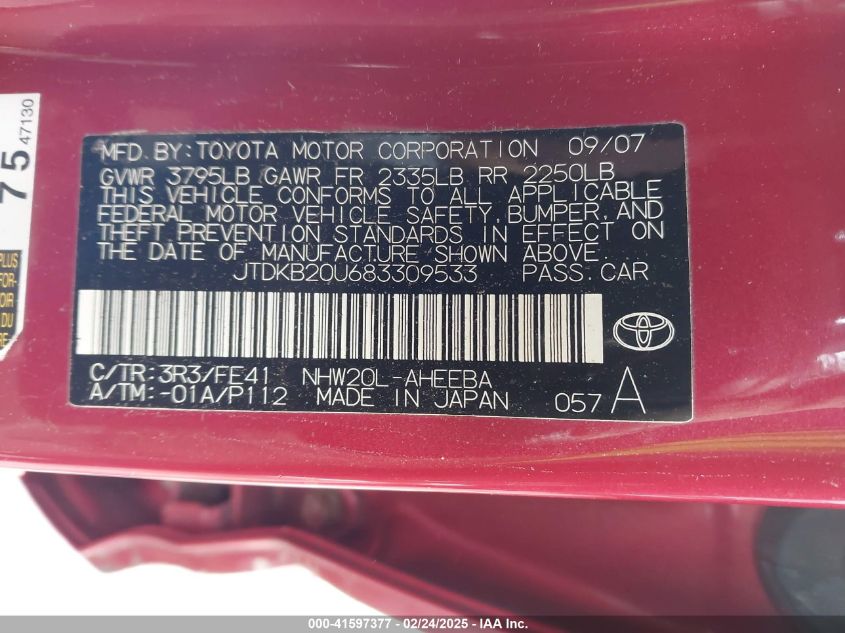 2008 Toyota Prius VIN: JTDKB20U683309533 Lot: 41597377