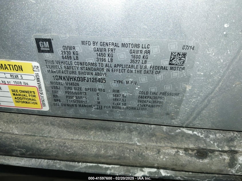 2015 Chevrolet Traverse 2Lt VIN: 1GNKVHKD3FJ126405 Lot: 41597600
