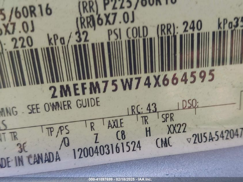 2004 Mercury Grand Marquis Ls VIN: 2MEFM75W74X664595 Lot: 41597699