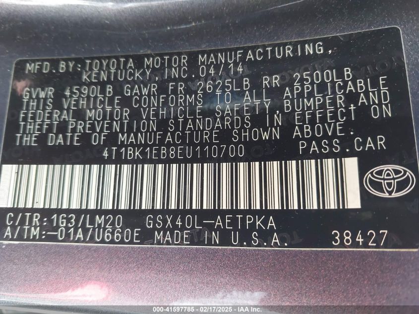 2014 Toyota Avalon Limited/Xle/Xle Premium/Xle Touring VIN: 4T1BK1EB8EW110700 Lot: 41597785