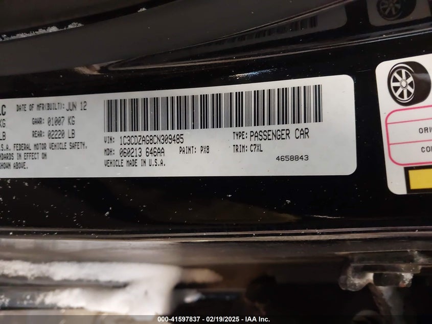 2012 DODGE AVENGER VIN: 1C3CDZAG8CN309485