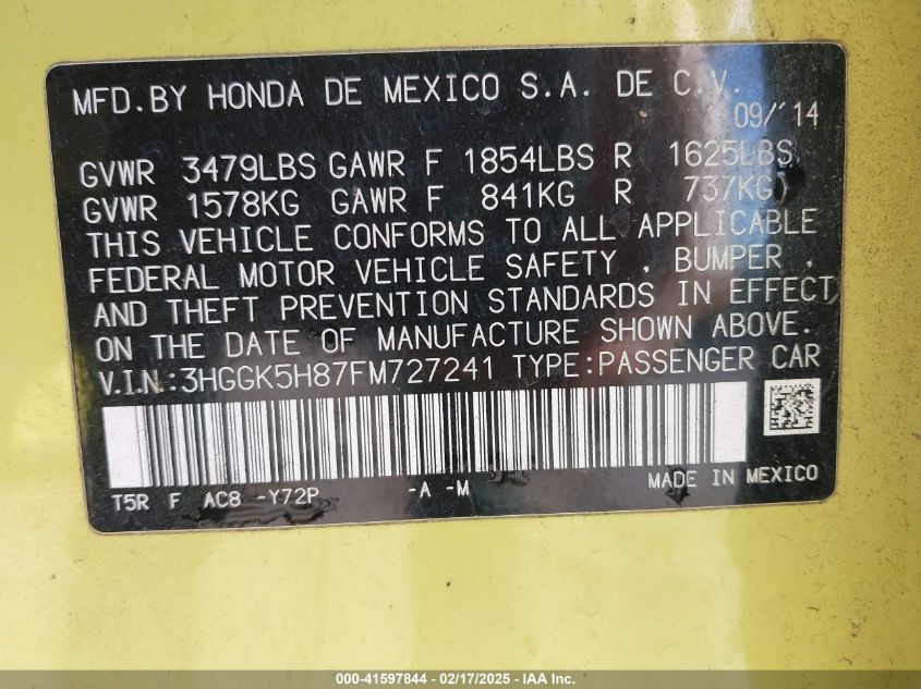 2015 Honda Fit Ex/Ex-L VIN: 3HGGK5H87FM727241 Lot: 41597844