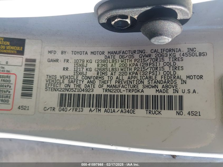 2005 Toyota Tacoma VIN: 5TENX22N05Z104923 Lot: 41597868