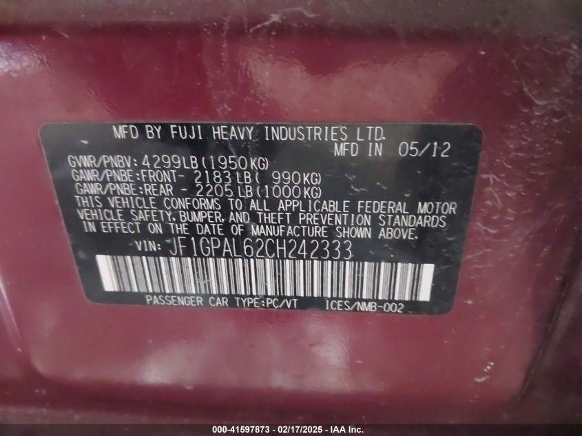 2012 Subaru Impreza 2.0I Sport Premium VIN: JF1GPAL62CH242333 Lot: 41597873