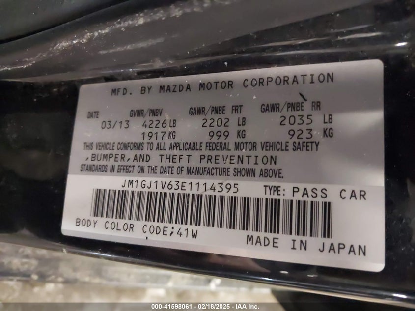2014 MAZDA 6 VIN: JM1GJ1V63E1114395