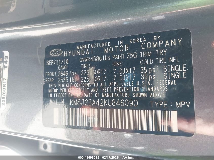 2019 Hyundai Tucson Se VIN: KM8J23A42KU846090 Lot: 41598092