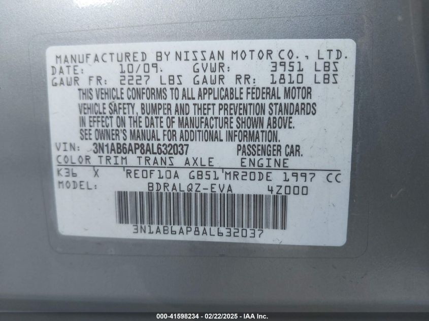 2010 Nissan Sentra 2.0 VIN: 3N1AB6AP8AL632037 Lot: 41598234