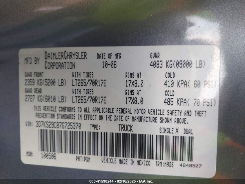 2007 Dodge Ram 2500 Slt VIN: 3D7KS29C87G725370 Lot: 41598244