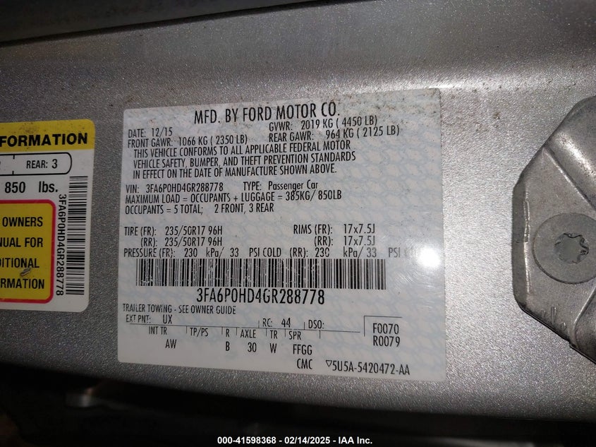 2016 FORD FUSION VIN: 3FA6P0HD4GR288778