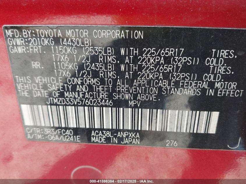 2007 Toyota Rav4 VIN: JTMZD33V576023446 Lot: 41598384