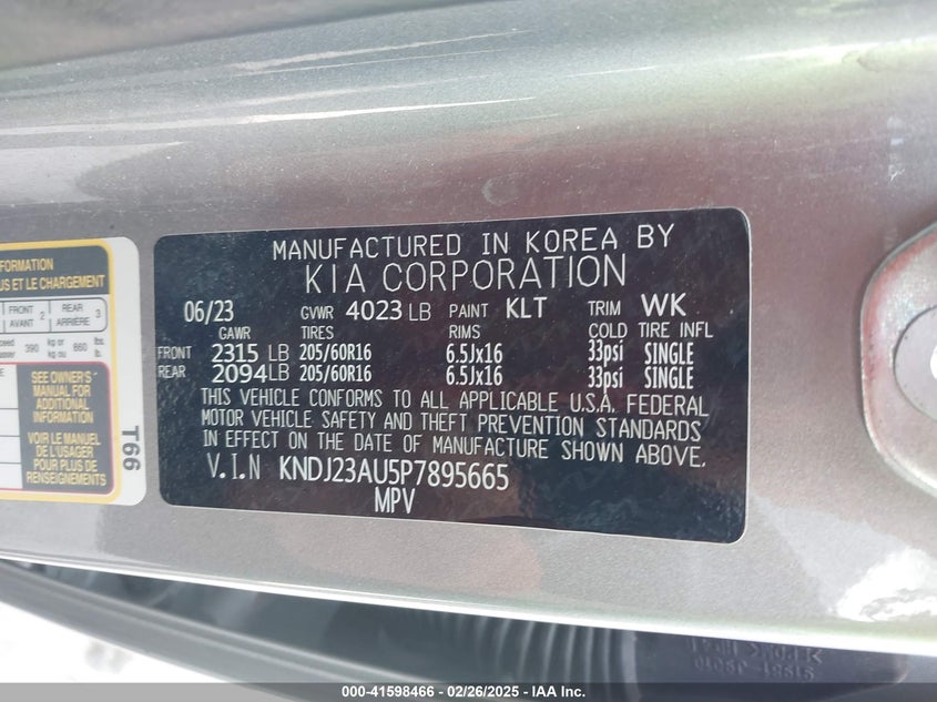 2023 Kia Soul Lx VIN: KNDJ23AU5P7895665 Lot: 41598466